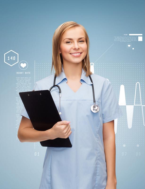 Female nurse wearing scrubs and stethoscope, holding clip board. 